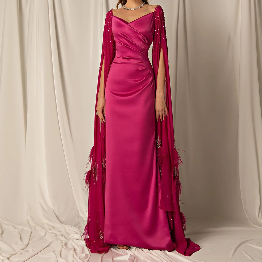 

Customized Luxury Satin A-Line Feathers and Crystal Evening Dress V-Neck Zipper Back Half Sleeves Floor Length Watteau Train