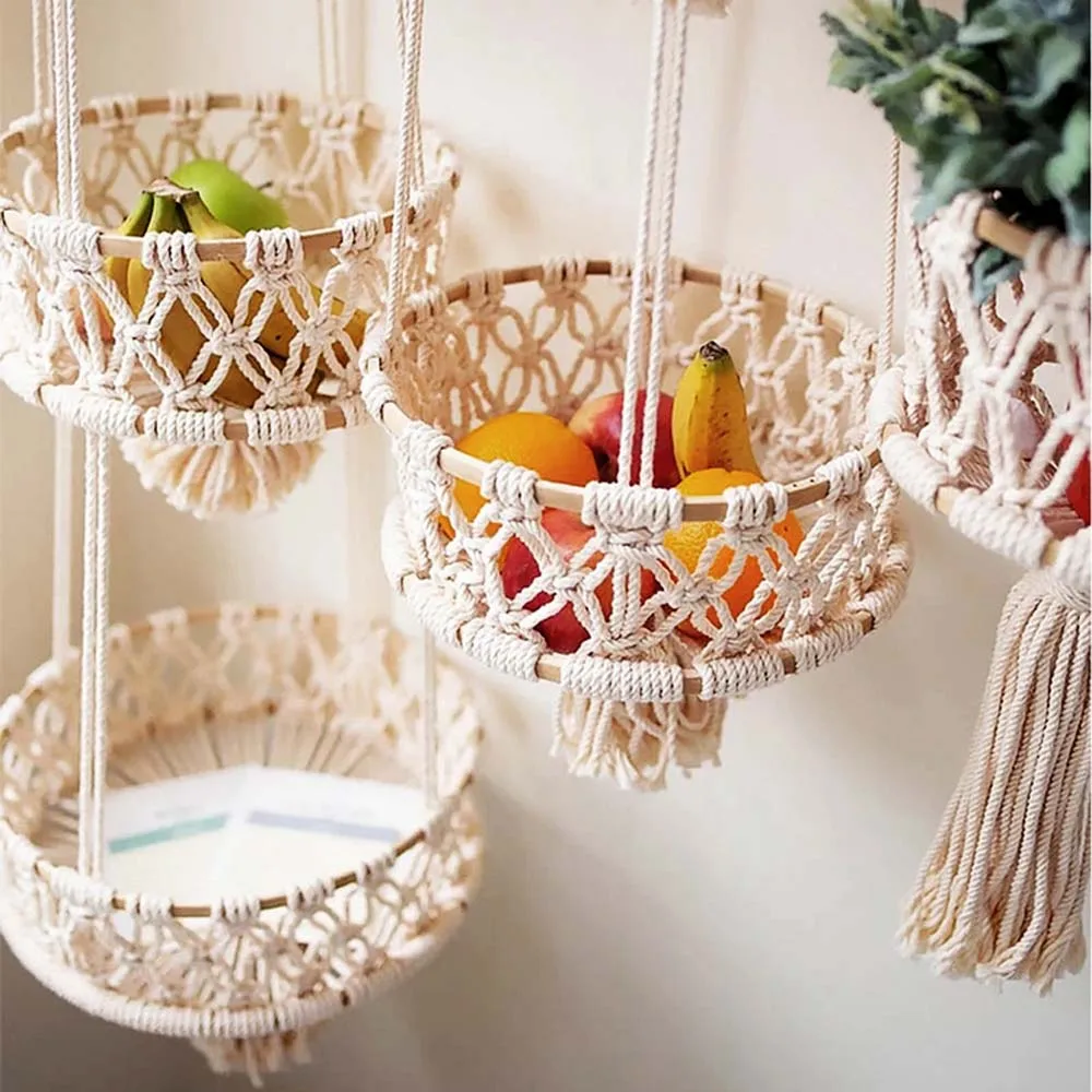 Cotton Rope Hand-woven Tapestry Bamboo Loop Netting Fruit Hanging Basket Bohemian Style Decoration Plant Basket