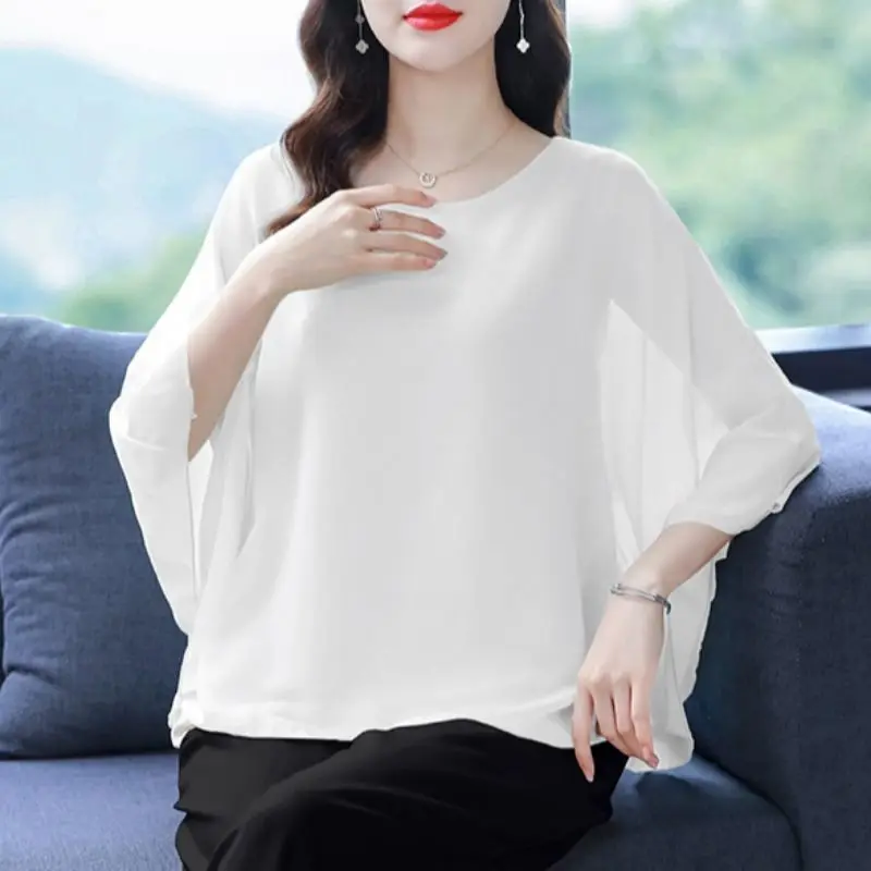 2024 Women\'s Summer O-Neck Patchwork Fashion Solid Color Batwing Sleeve Office Lady Casual Blouse Short Sleeved Shirts Blouses