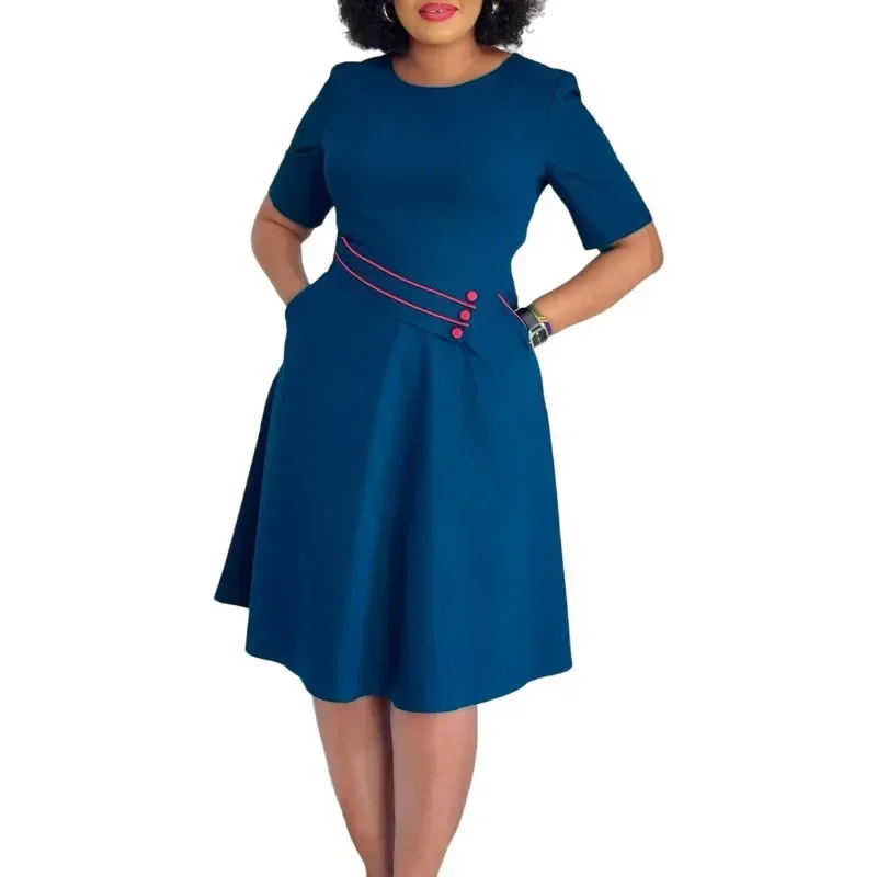 Vestido Dashiki africano elegante para mujer, verano 2025, cintura alta, Midi, cuello redondo, manga corta, poliéster, S-3XL, ropa de moda