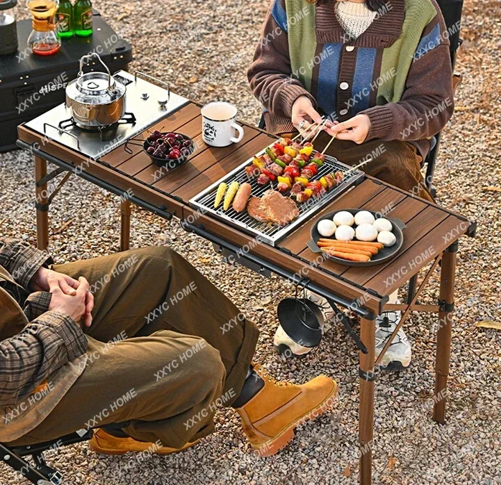 Egg roll table outdoor camping folding aluminum alloy multi-functional picnic picnic table and chairs full set