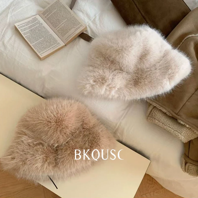 BKQUSC الفاخرة الفراء المرأة بيني ضوء الكاكي سلسلة القبعات وشاح الأذن Protacter شتاء جديد دافئ أفخم قبعة وشاح الأذن حامي مجموعة