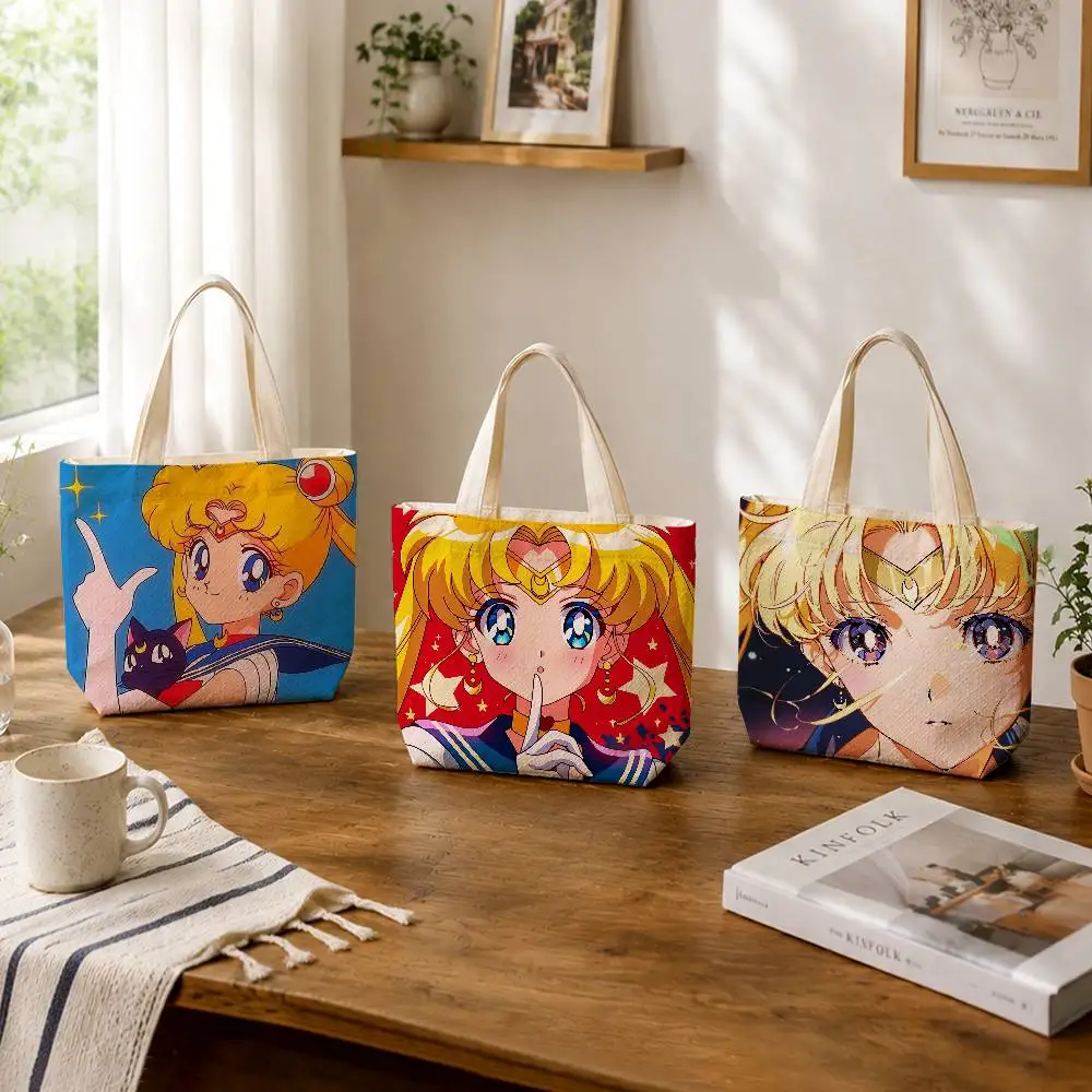 Anime S-Sailor Moon Tsukino Usagi Large Capacity Cotton Polyester Shoulder Tote Bag Zipper Handbag for Shopping Daily