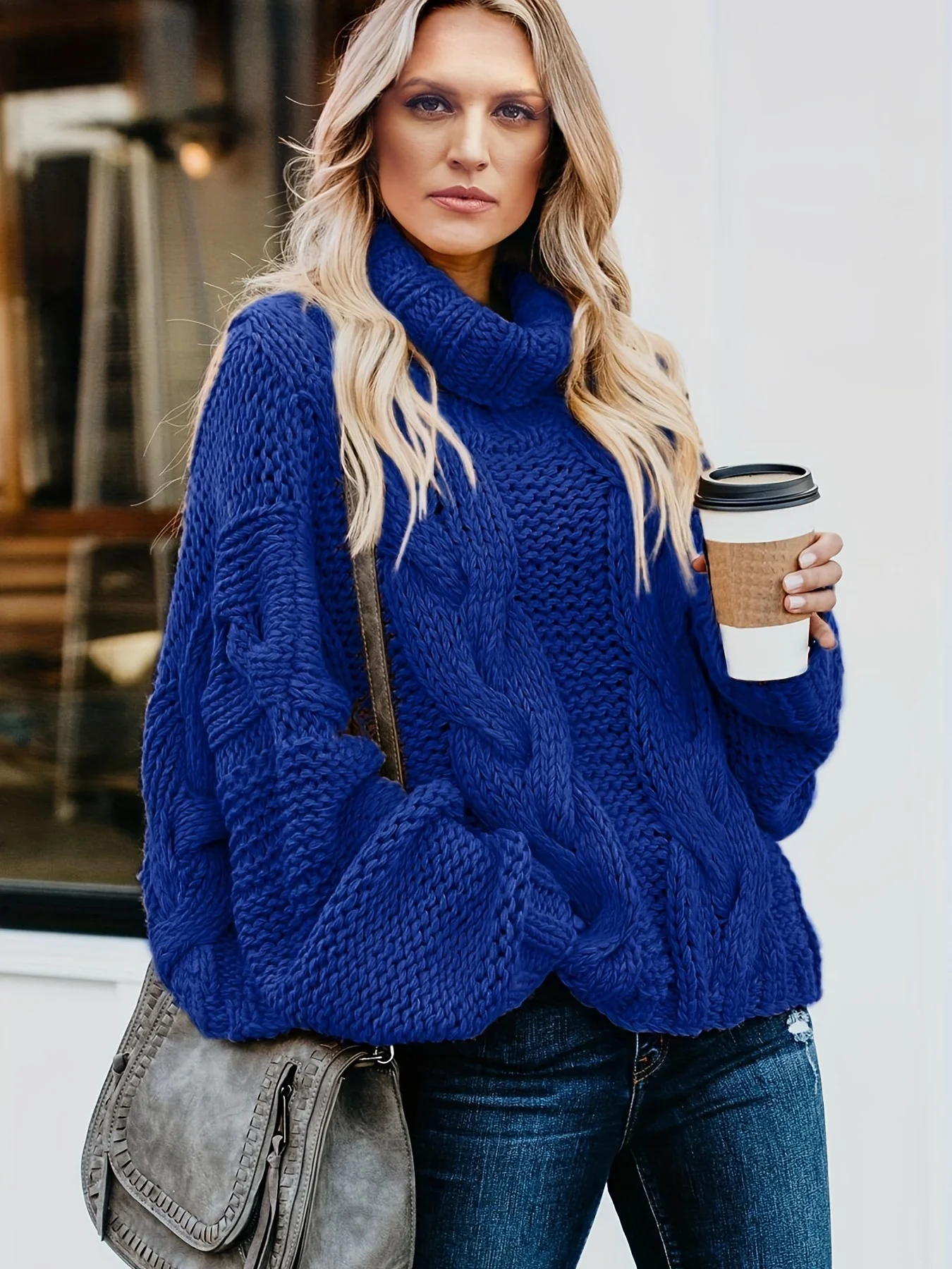 Autumn and winter slouchy lean senior twist blue turtleneck sweater women\'s pullover loose long-sleeved wool sweater