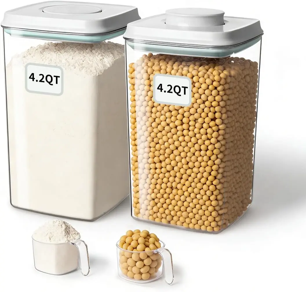 

Airtight Food Storage Containers, 2-Pack 4.22QT, Stackable Clear PET for Rice & Flour