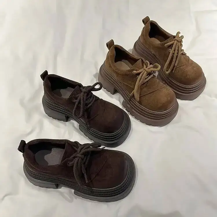 

Женские туфли на каблуке, коричневые, винтажные, на платформе, из нубука, удобные, на шнуровке, оксфорды, лоферы, повседневная обувь для студенток.