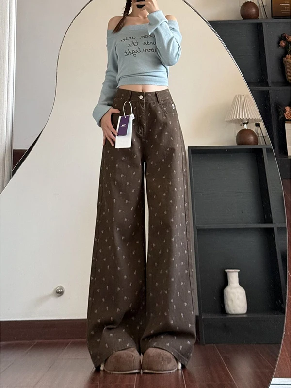 

Коричневые свободные широкие джинсы с цветочным принтом в стиле ретро, женские осенне-зимние новые удобные повседневные брюки прямого кроя с высокой талией