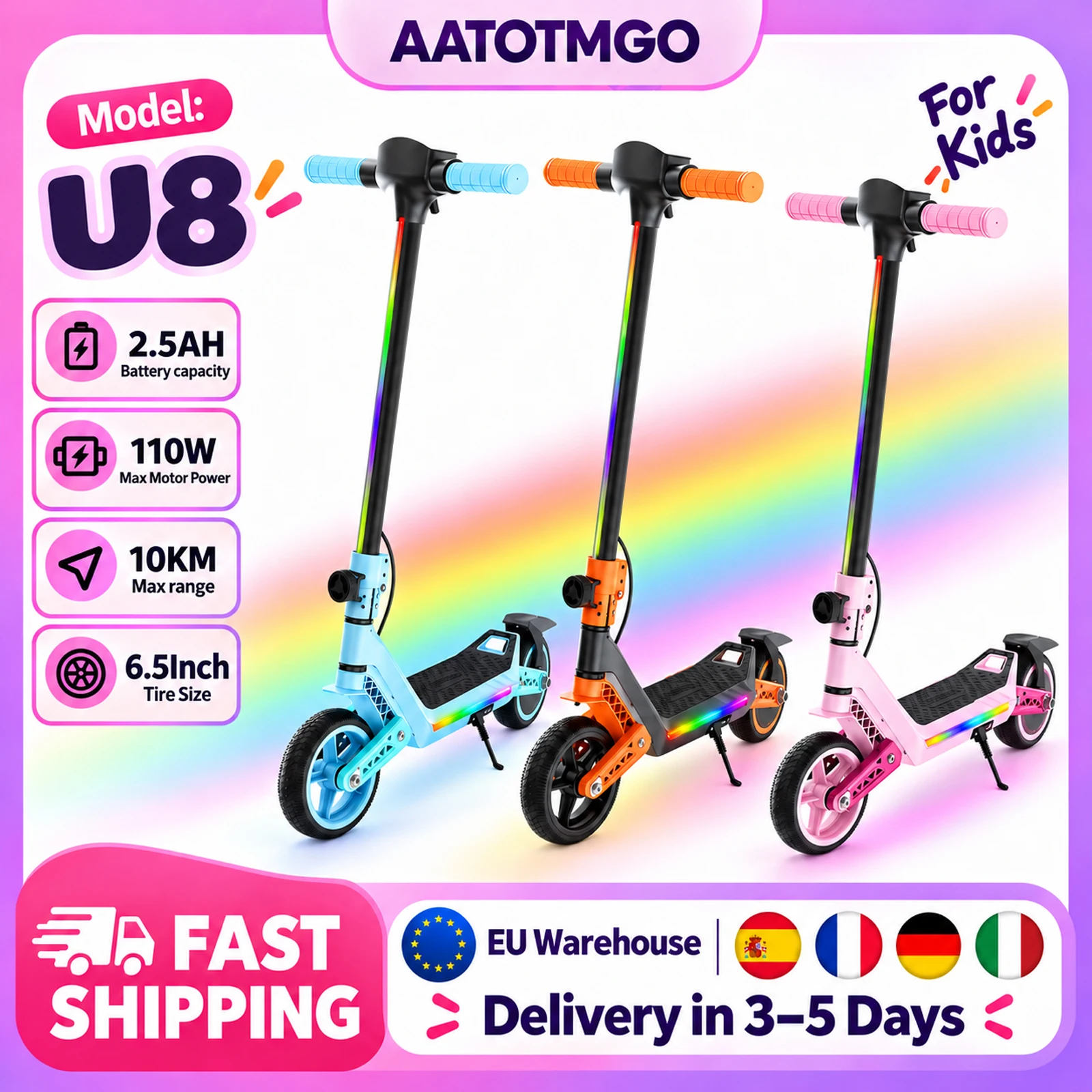 Monopattino elettrico per bambini dai 6 ai 10 anni, monopattino elettrico pieghevole da 6,5 pollici con schermo LED regolabile a 3 livelli, monopattino elettrico leggero per bambini con luci