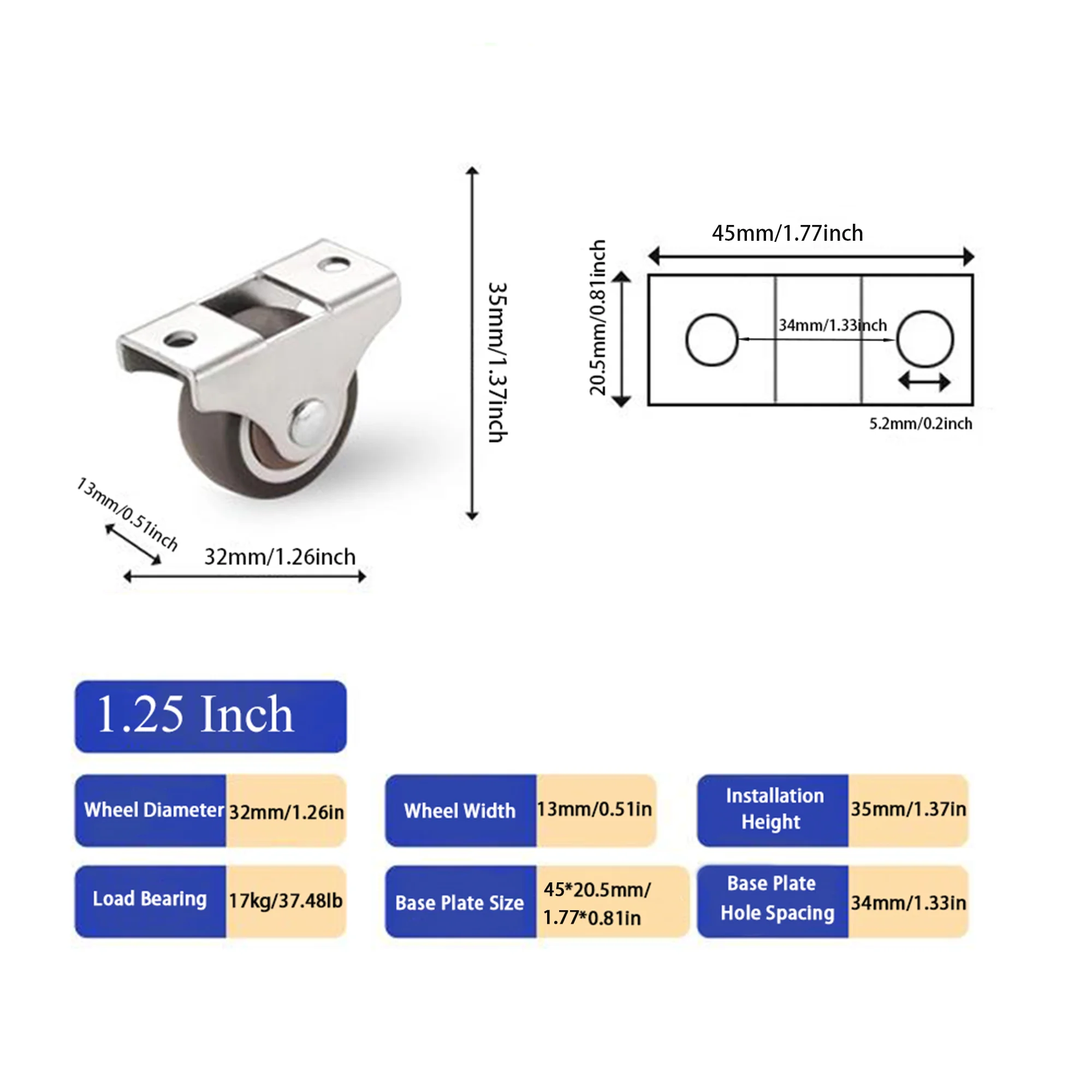 4 Pcs 1.25 inch Furniture Caster Wheels Low Profile Rubber Rolling Castor Wheel Mini Rigid Silent Caster Wheel for Cart Drawer