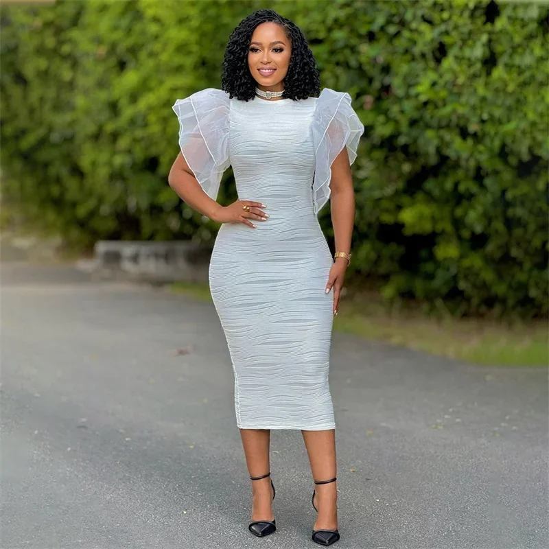 2024 Fashion See-through Ruffle Sleeve Dresses Women Slim Wrap Hip Dress Solid Color Wave Pattern Frock O Neck Female Long Gown
