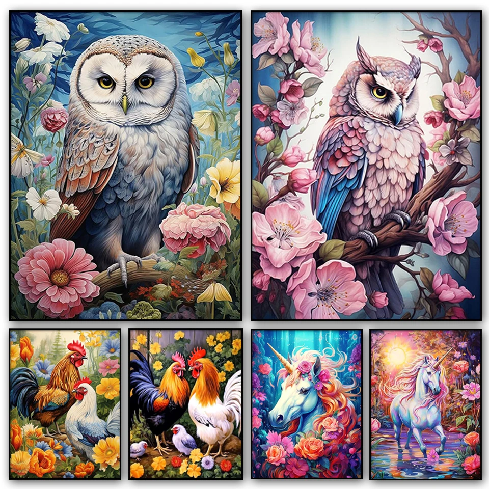 Flowers Owl 5D Diy Diamond Painting Full Square Round Drill Diamond Mosaic Embroidery Kits Unicorn And hen Animals Home Decor