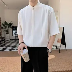 2023 Summer New Men Clothing Stand Collar Shirt Men Short Sleeve Hidden Button Loose Casual Solid Color Simple White Shirt