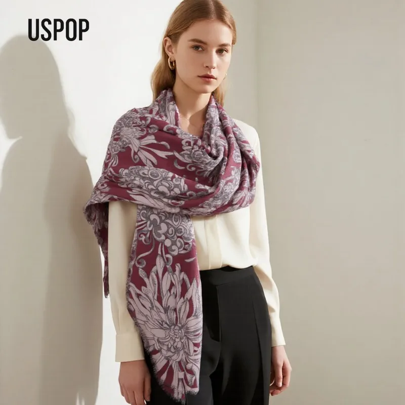 

Женский длинный молочный бархатный шарф USPOP | Цветочный узор хризантемы | Уютная зимняя шаль и теплая шея