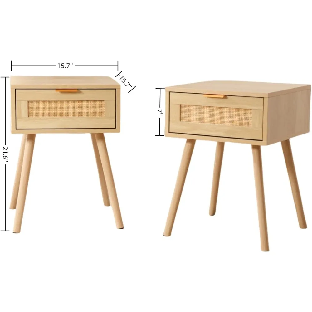 زوج من طاولات الليل الروطان، طاولات جانبية على الطراز البوهيمي مع أدراج، تصميم حديث لمنتصف القرن، طاولات خشبية ذات أطراف أرجل لغرفة النوم