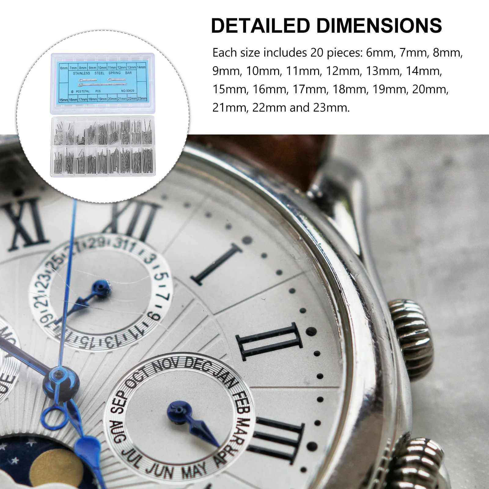 360個入り メタル時計バンドリンク ステンレス製 18サイズ 6mm-23mm ダブルショルダー スプリングバー 時計修理用ピン スプリングバー
