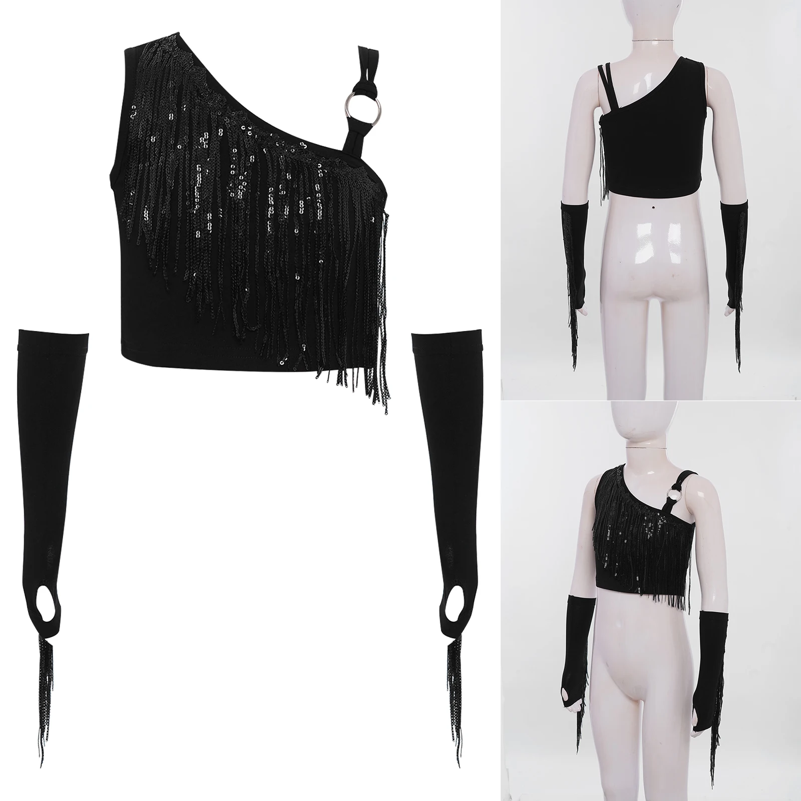 

1 Set Kids Girls Hip Hop Jazz Dance Performance Costume Sequin Tassels Asymmetrical Crop Top with Fringe Gloves for Dance Party