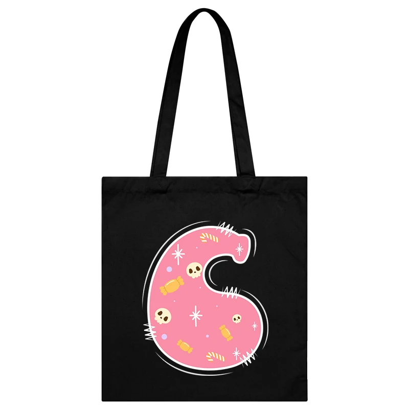 1Pcs Women's Cute Anime Letter Tote Bag Canvas Funny Candy Print Pink Alphabet Large Capacity Commuter Bag Practical Y2K Handbag