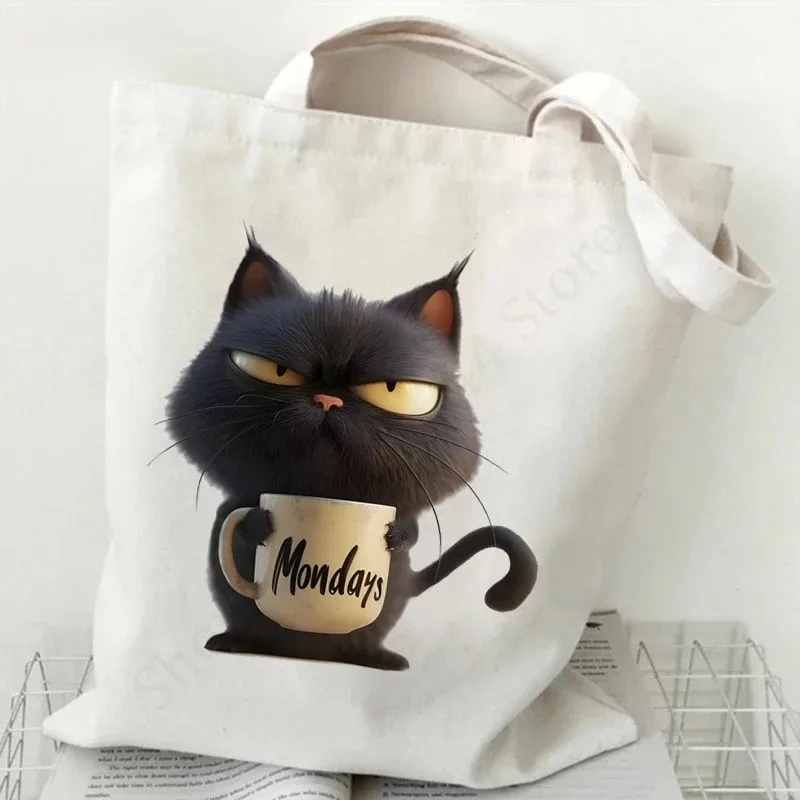 لطيف القط الأسود مع الزهور القهوة نمط قماش حمل حقيبة حقيبة الكتف ملحق ساحر للتسوق الاستخدام اليومي عشاق القط