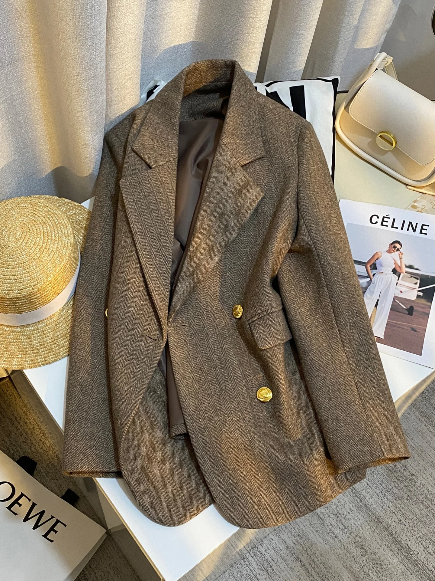 

Caramel Color Woolen Suit Jaet Women's Commute Sle High Quali Faionable New Autumn Winter Coat Button Closure Long Sl...