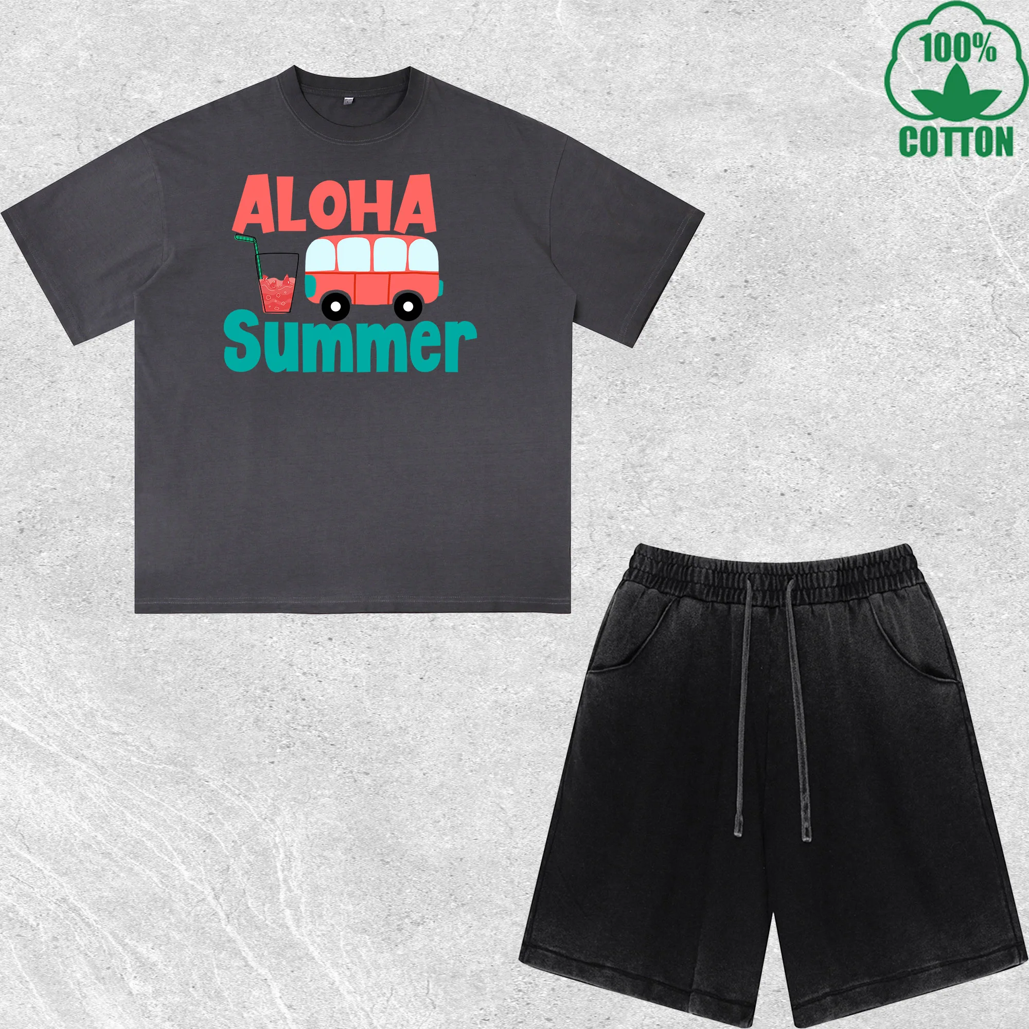 

Aloha Summer Printed Dirty Wash T-Shirt Shorts Set Combo Loose Trendy Fashionable 100%Cotton Black Suit