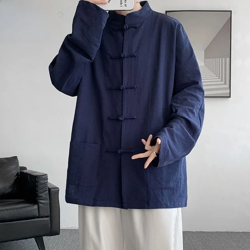 

New Chinese Style Linen Tea Zen Shirt Vintage Fashion Outerwear Youth Loose Fit Breathable Long Sleeve Pure Color Cardigan
