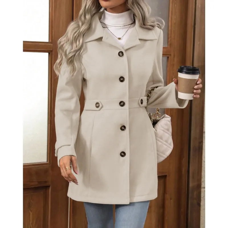 Otoño/Invierno nuevo abrigo Casual para mujer moda favorecedora holgada solapa con muescas de una sola fila Multi-botón chaqueta de lana de longitud media