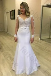 Customized Sheer Long Sleeves Mermaid Wedding Dresses See Through Back Custom Made Appliques Bridal Gowns Modest Vestidos