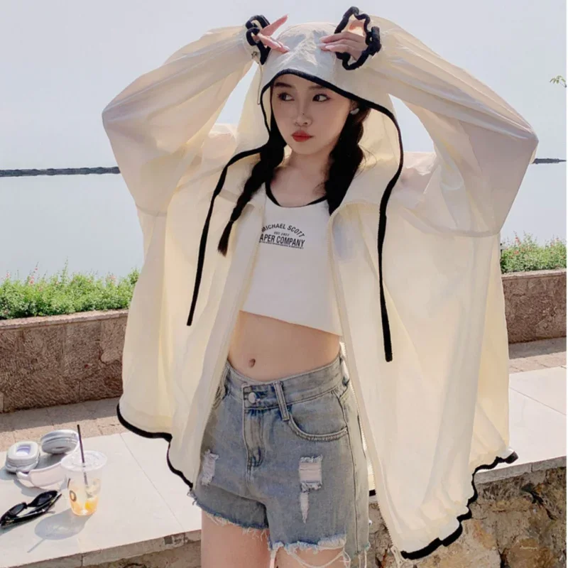 

DAYIFUN-Hooded Sunscreen Jackets for Women Thin Long Sleeve Coats Korean Loose Solid Sun-protective Clothing Spring Summer Tops