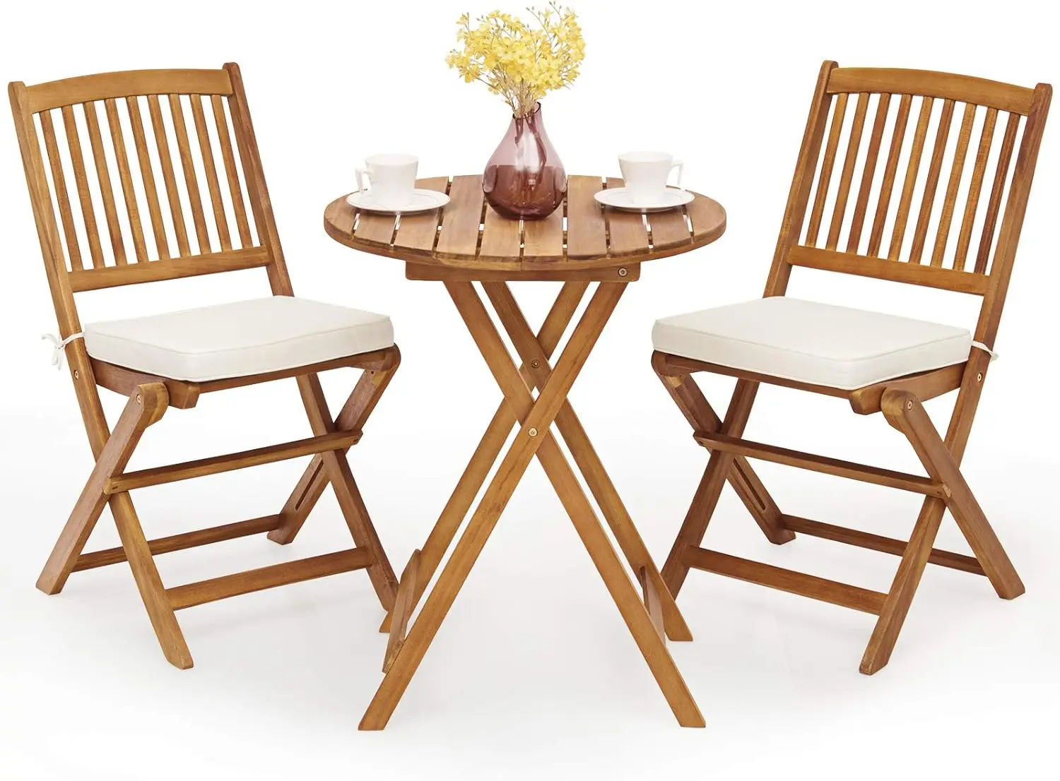 3Pcs Patio Bistro Set,Wood Folding Table Set, 2 Cushioned Chairs for Garden Yard,Outdoor Furniture Round Table (Natural & Beige)