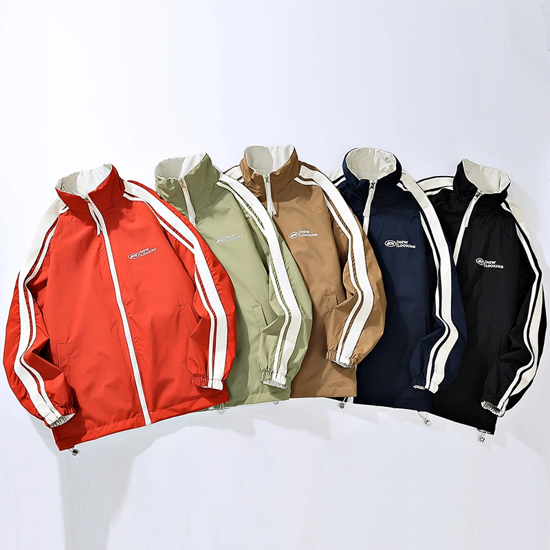 Men Lightweight Windbreaker Jacket Stand Collar Full Zip Striped Sleeve Casual Streetwear Sports Outerwear