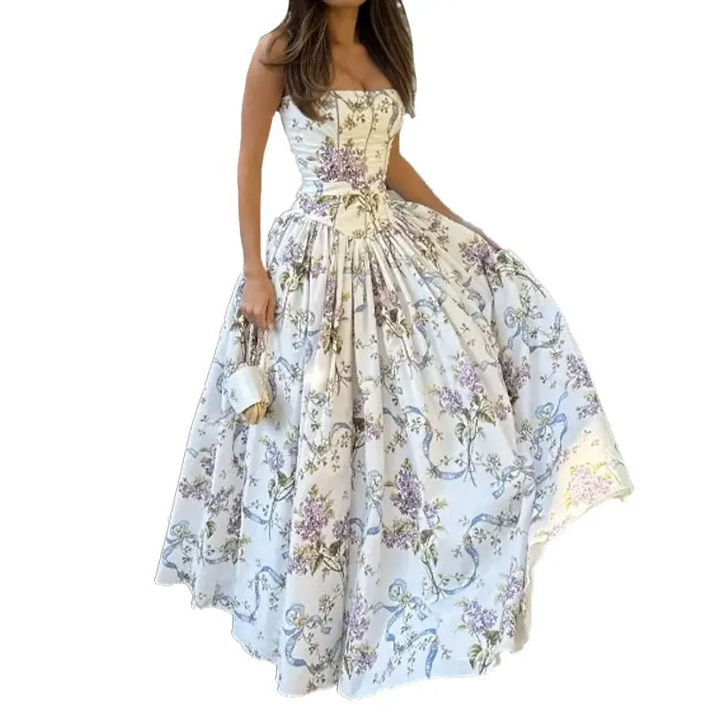 2025 New Fashion Printed Ruffled Waistless Backless Ruffled Dress Women Summer Elegant And Fresh Floral Dresses For Women
