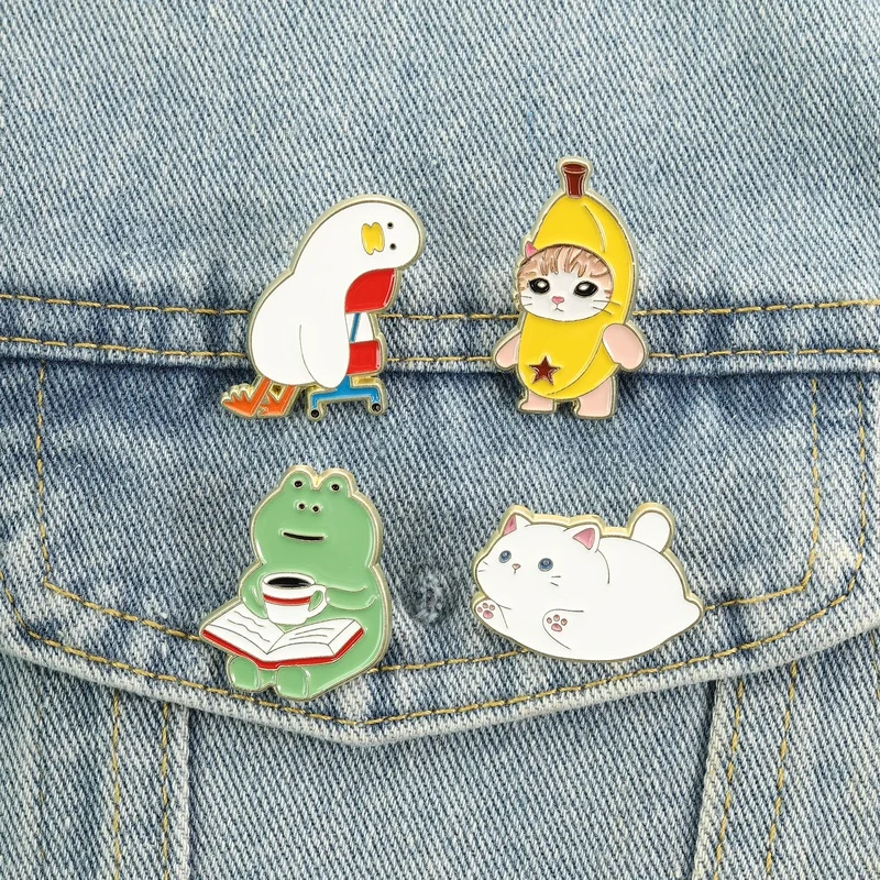 Cat Banana Memes Enamel Pins Lazy Duck Goose Frog Reading Coffee Brooches Badges Cartoon Animal Jewelry Gift for Friends