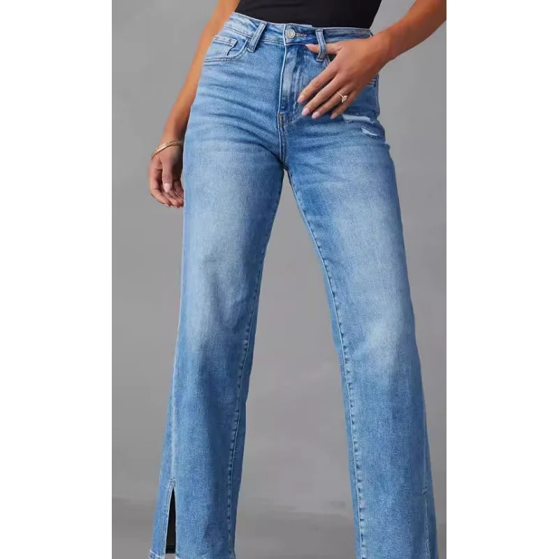 

Новые модные прямые эластичные джинсы с высокой талией в европейском и американском стиле для женщин