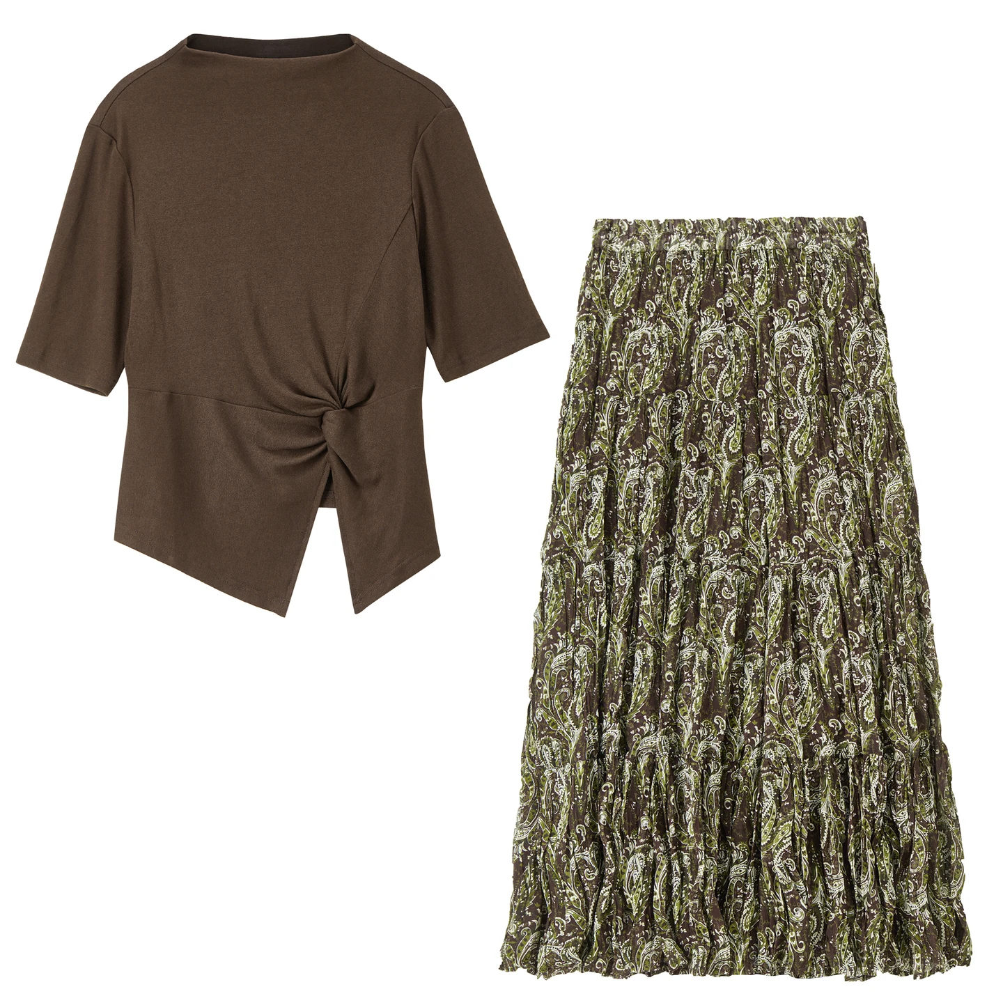 SENTUBILA Women's Coffee Matching Set 2026 Semi-turtleneck Knitted Top Printed Long Skirt Fashion Two-piece Set W63ZC8054 image 5
