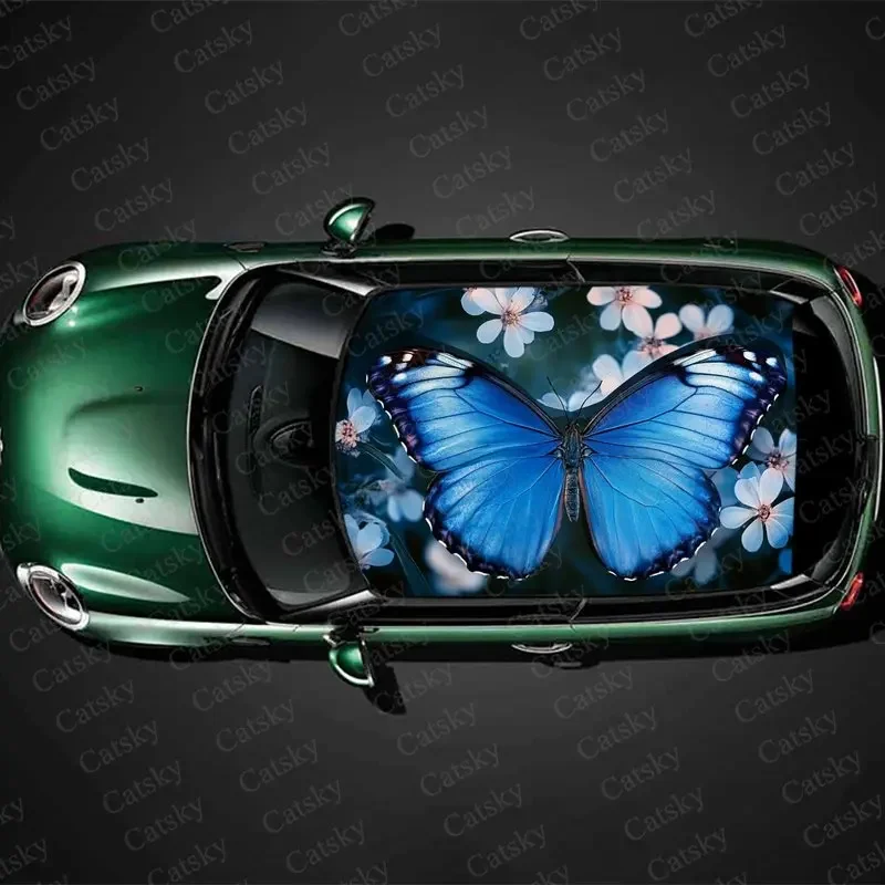 

Blue Butterfly Pink Flower Print Car Roof Sticker Wrap Racing SUV Auto Accessories Packaging PVC Car Hood Graphic Decal Decor