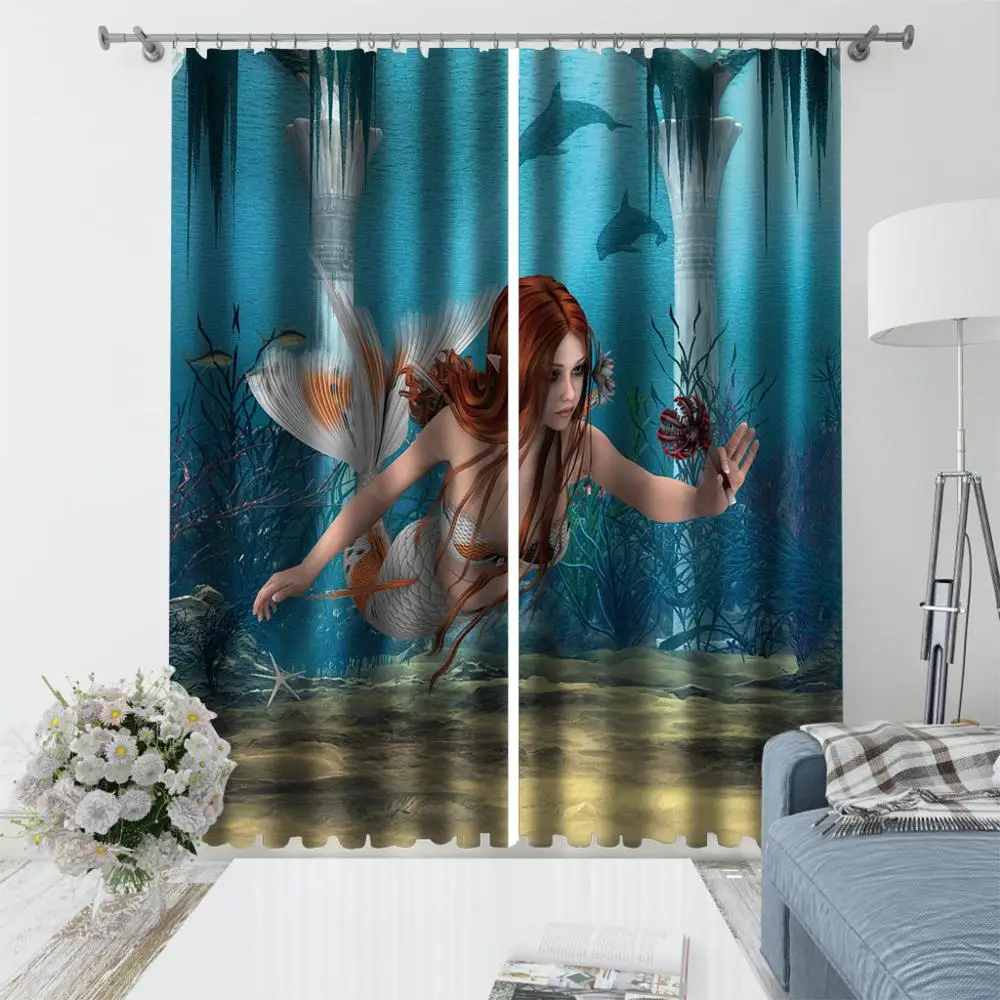 

Blue water curtains Window Blackout Luxury 3D Curtains set For Bed room Living room soundproof windproof curtains