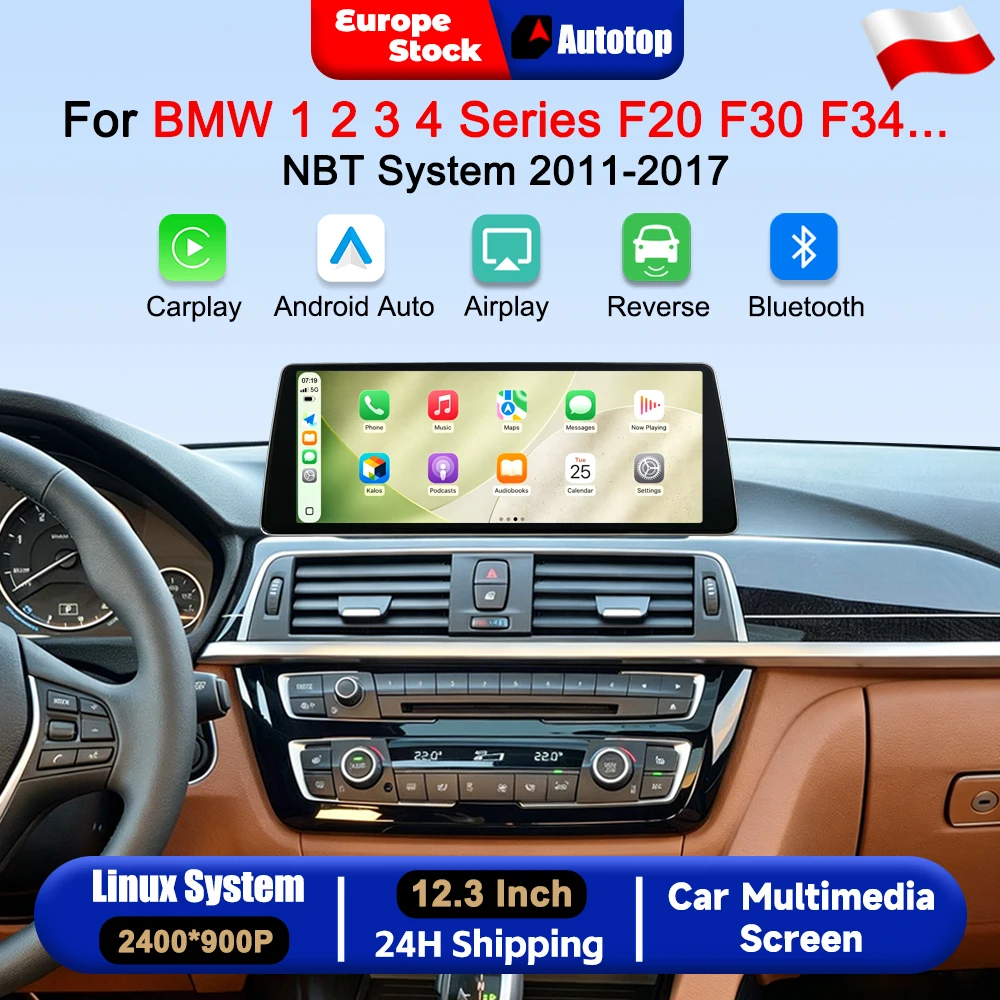 Autoradio da 12,3 pollici 2400*900P con CarPlay wireless e Android Auto per BMW Serie 1/2/3/4 F20 F21 F23 F30 F31 F32 F33 F34 F36 2011-2017, sistema NBT, sistemi intelligenti per auto, schermo touch