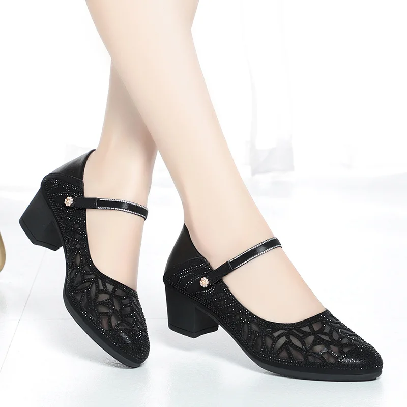 Shoes For Women 2024 Comfortable And Elegant Spring Summer Footwear Rhinestone with Crystals Black Low Heel Transparent Simple