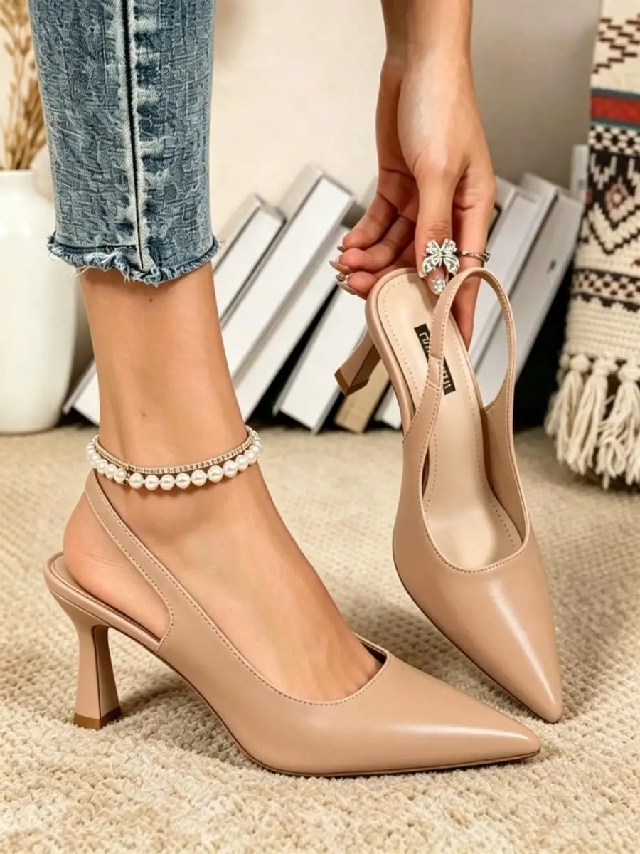 Zapatos de tacón con punta afilada y correa en la parte trasera, de cuero sintético, para mujer. Tacones de vestir con tacón medio y correa en la parte trasera, elegantes y cómodos, ideales para el trabajo de oficina, ceremonias de boda, atuendos diarios, cenas y otras ocasiones semiformales.