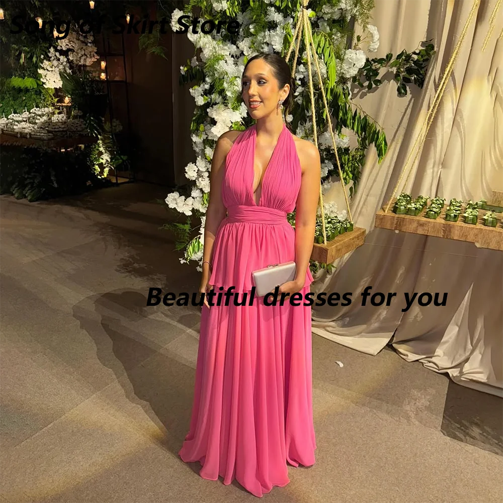

Sexy Halter Prom Dress Customized V-Neck Sleeveless Chiffon Pleat A Line Evening Gown Backless Floor Length Party Dresses