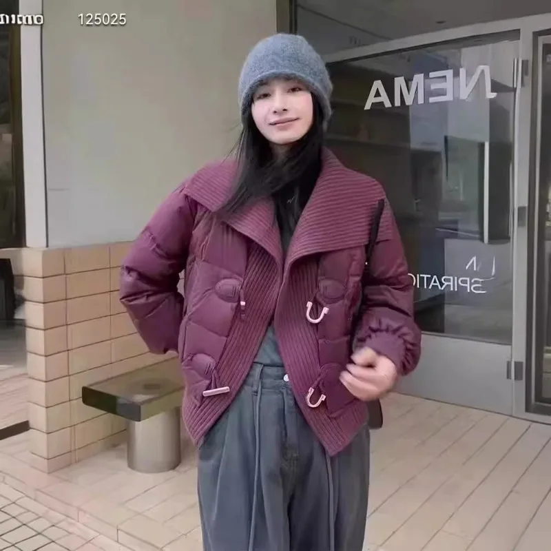 Women's Knitted Patchwork Down Jacket Winter New Style Fashionable Youthful Versatile Large Lapel White Duck Down Outerwear