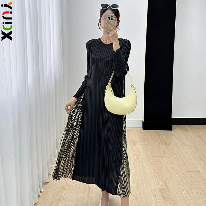 

Плиссированное Платье YUDX Miyake для женщин, лоскутное платье средней длины с круглым вырезом и длинными рукавами, женская мода, новинка 2024