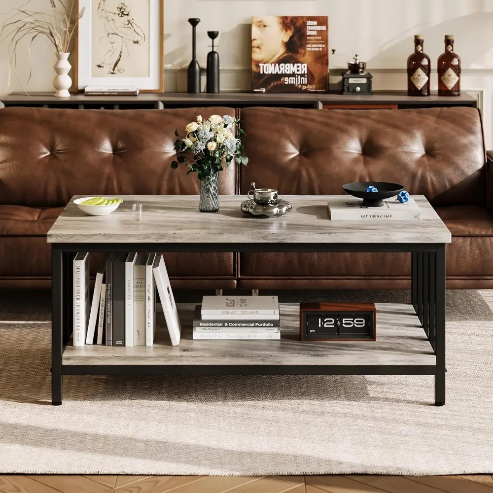 Homeiju Couchtisch für Wohnzimmer mit Lattenrost, moderner Bauernhaus-Wohnzimmertisch mit 2-stufigem Ablagefach für