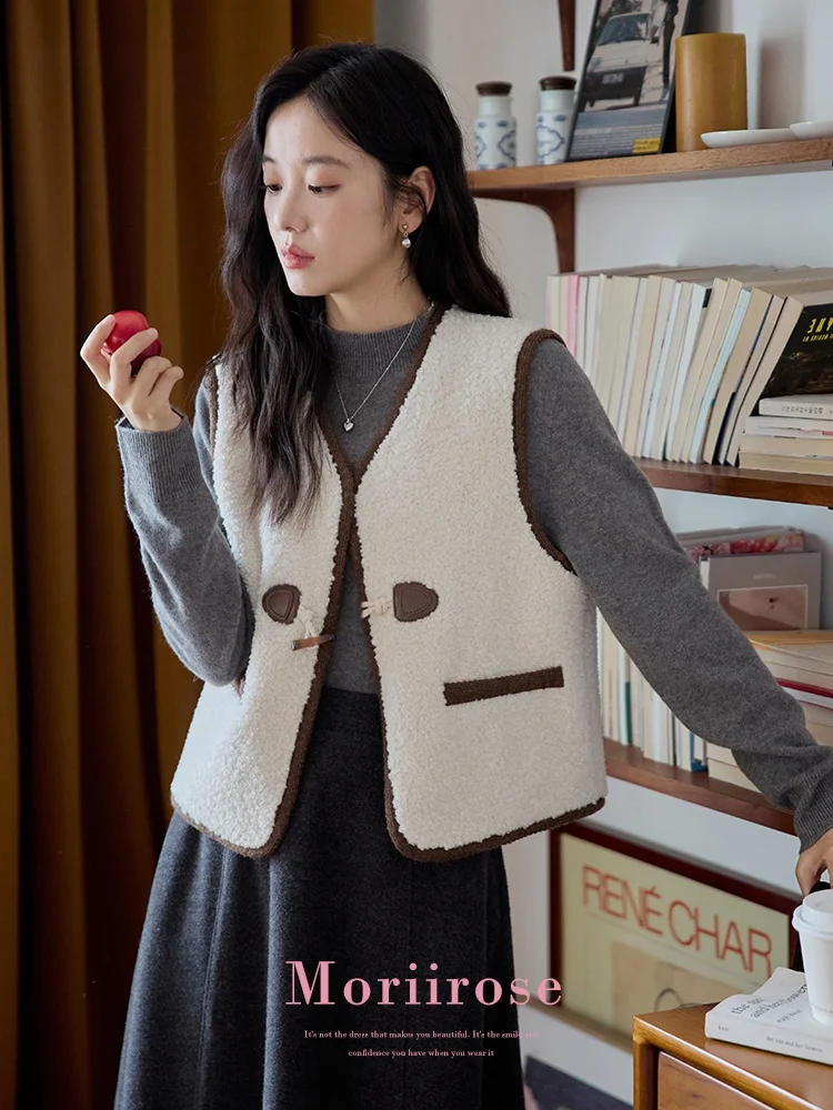 

Жилет женский Moriirose бежевый с V-образным вырезом на пуговицах, из искусственного меха ягненка, зимний, в стиле ретро, для многослойных образов, 100% полиэстер