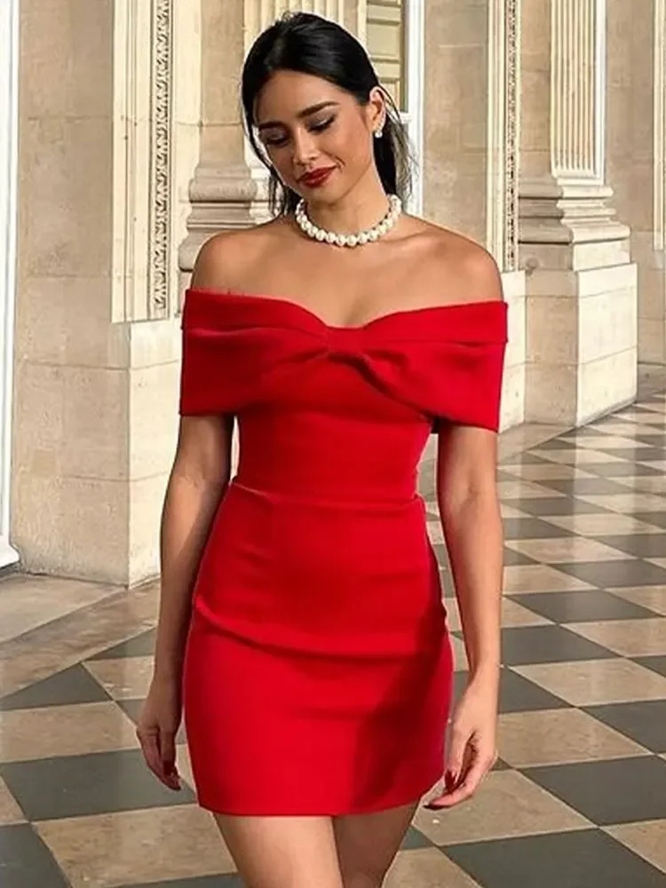 Fashion Red Bow Strapless Women Mini Dress Sexy Backless Sleeveless Bodycon Dresses 2024 Female Chic New Party Club Robes