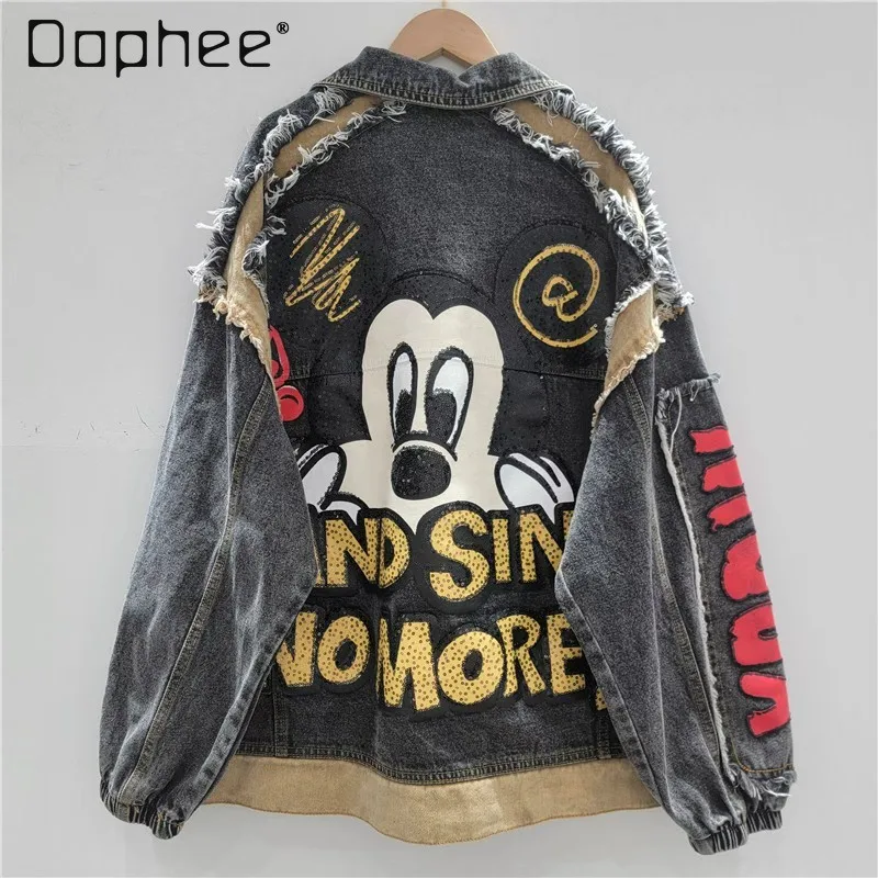 

2026 Spring New Fashion Versatile Loose Denim Jacket for Women Cartoon Print Short Jacket Top Trendy Coats Jean Jacket