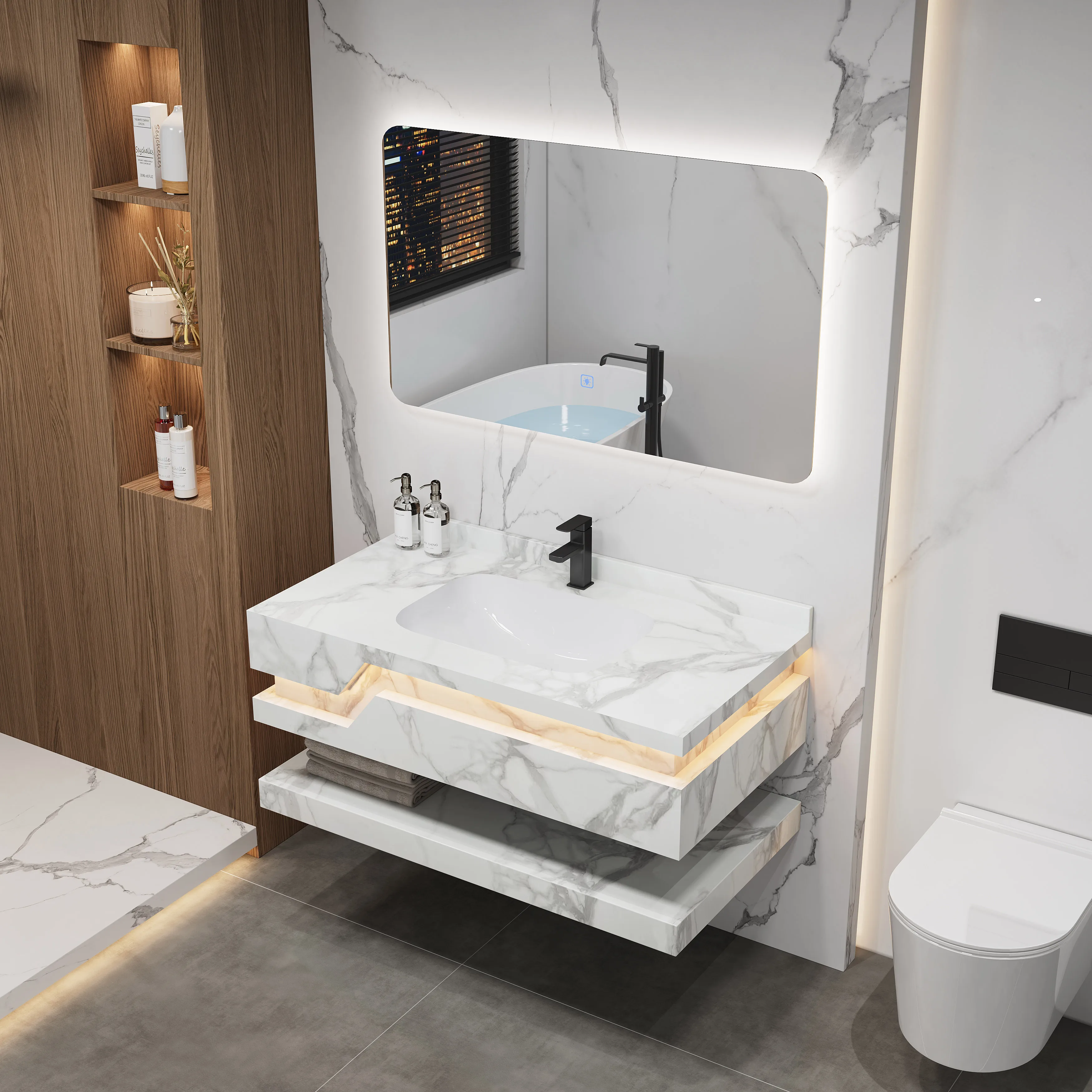 Home Living Bathroom Vanity - ตู้ห้องน้ำขายส่ง ตู้ห้องน้ำติดผนังหินอ่อนพร้อมไฟ LED ในตัว ตู้ติดผนังสองชั้นพร้อมอ่างล้างหน้า