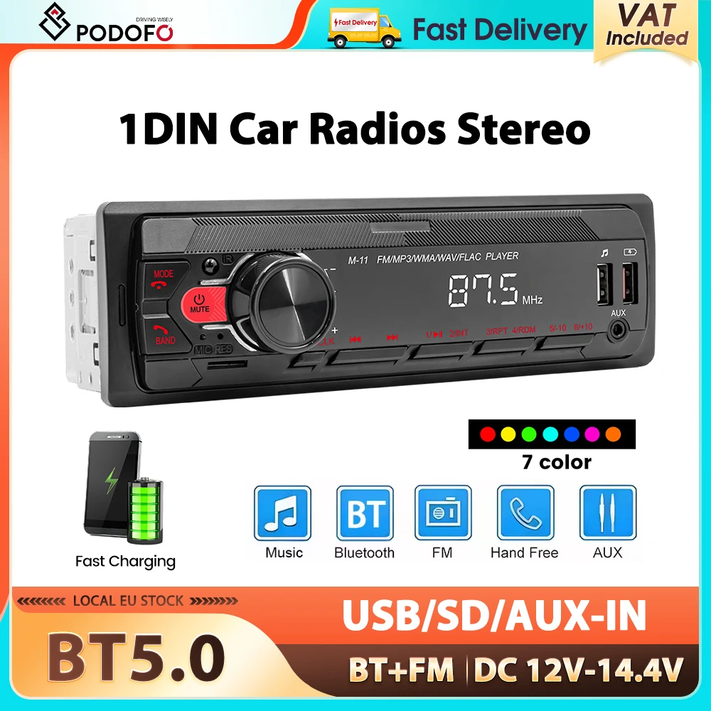 Radio para Auto Podofo 1Din MP3, Reproductor de MP3 con Bluetooth, Control Remoto, Puerto USB/SD/AUX-IN ISO, Audio FM, Música, 12V, 2 Canales