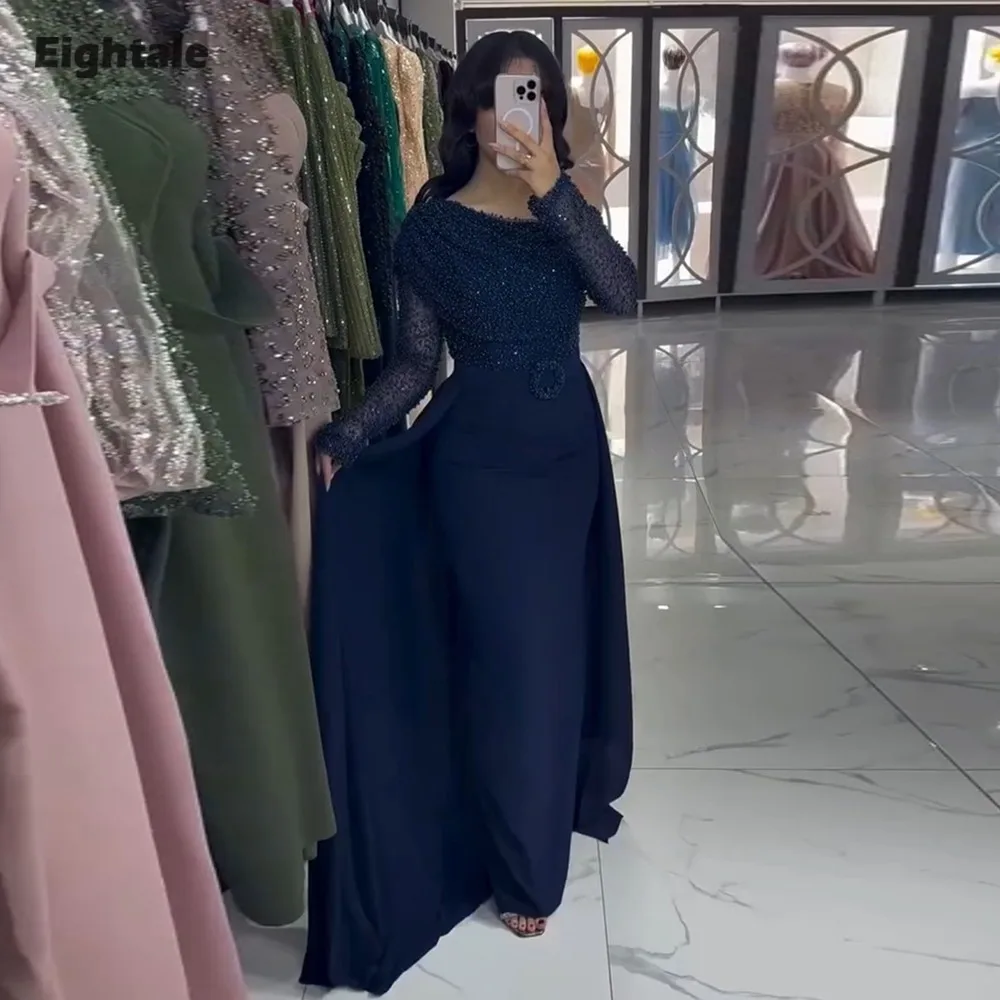 

Eightale арабское вечернее платье для свадебной вечеринки, темно-синее платье на одно плечо с жемчугом длиной до пола, платье русалки для выпускного вечера по индивидуальному заказу