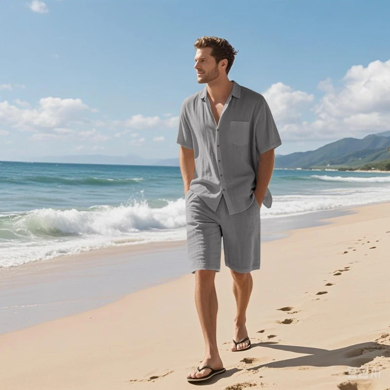 High-End Men's Summer Shorts Set Breathable Short Sleeve Shirt Casual Outfit Lightweight Fashion Solid Tone